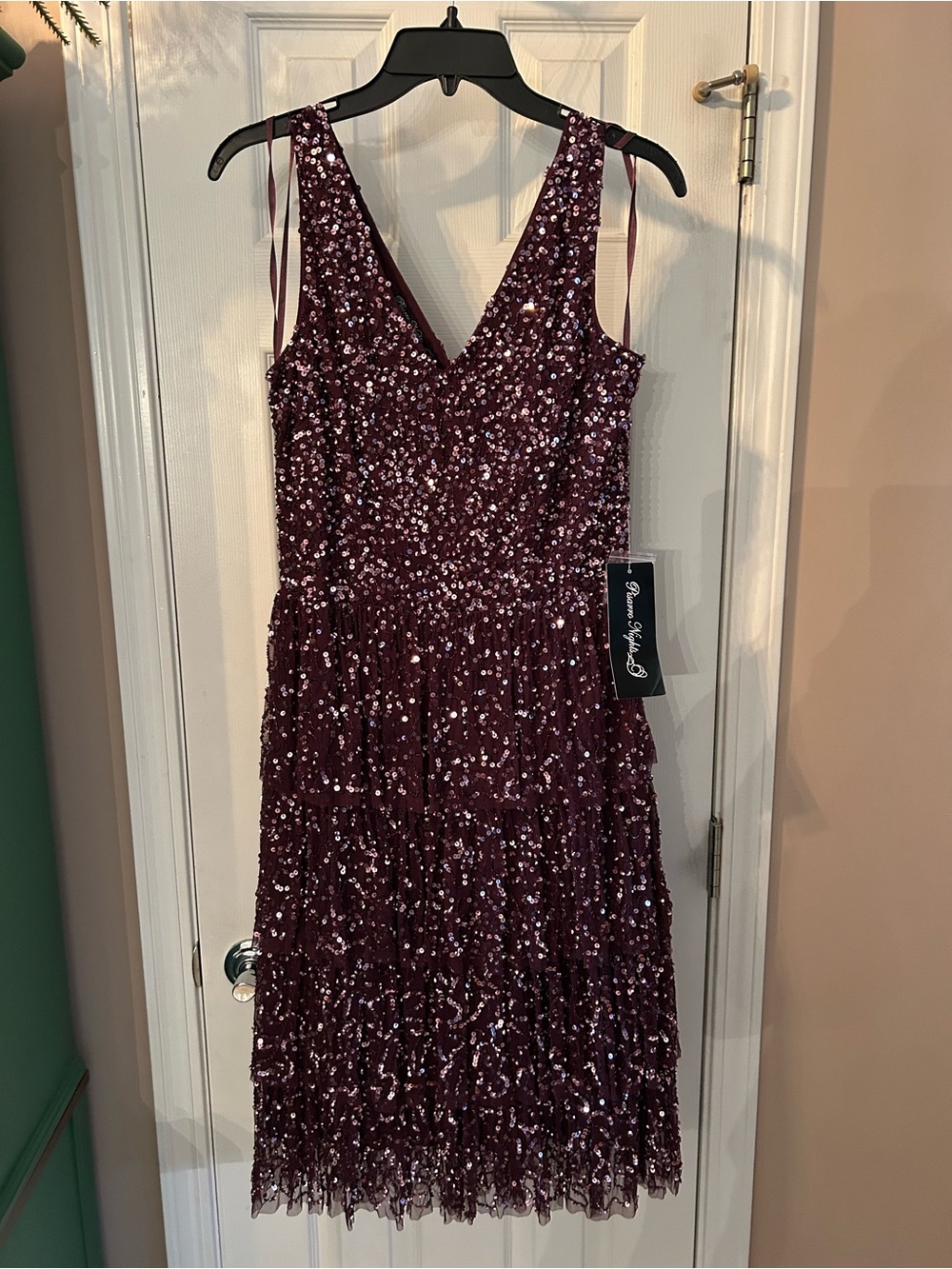Pisarro Nights Burgundy Sequin Tiered V-Neck Midi Dress